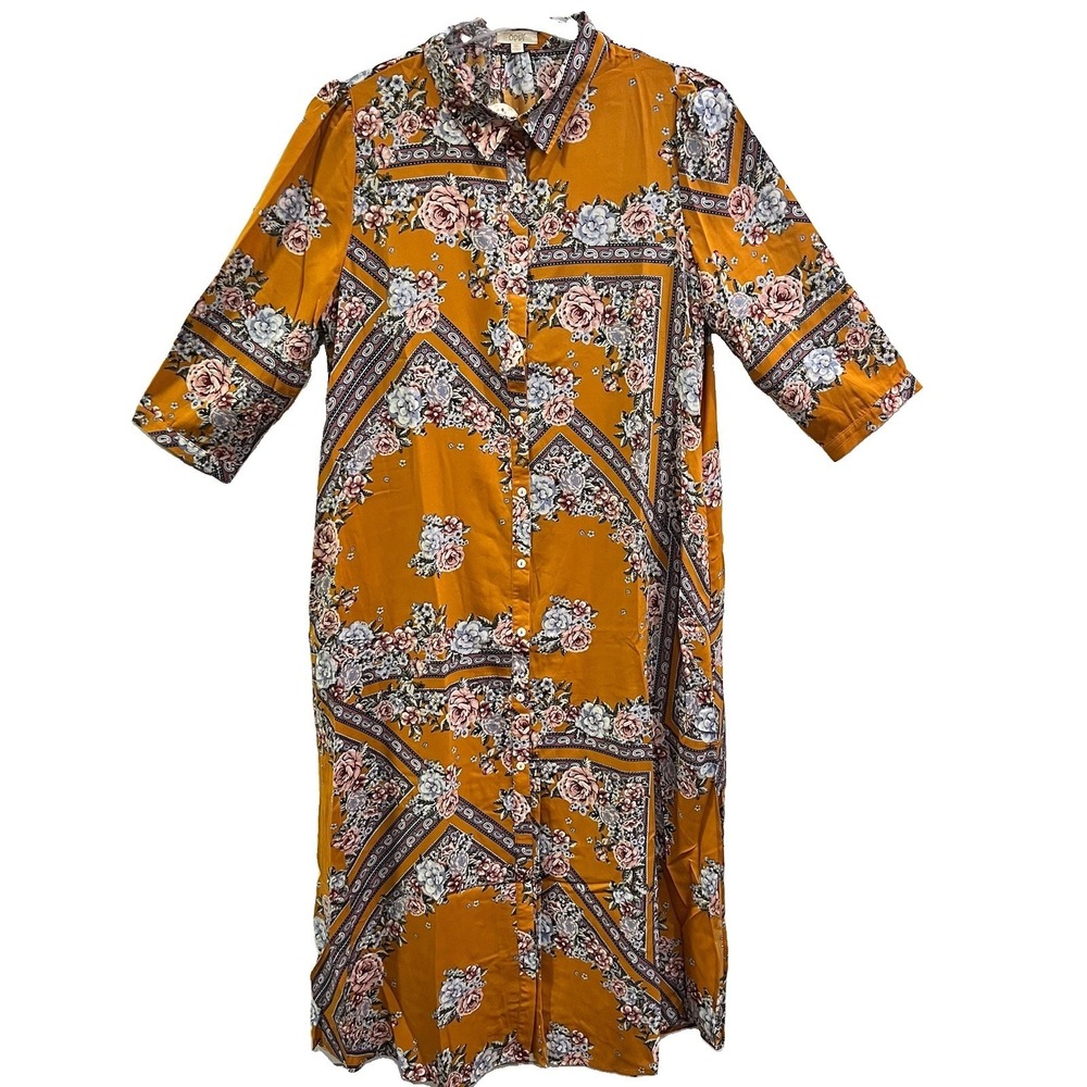 Oddy Women's 1XL Boho Floral Print Maxi Dress Mustard Multicolor Button Front